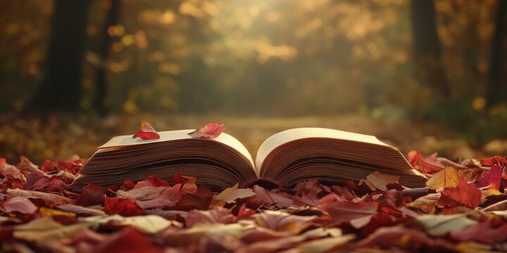 An open book resting on colorful autumn leaves in a peaceful forest setting, capturing the essence of the fall season. Generative AI - Powered by Adobe
