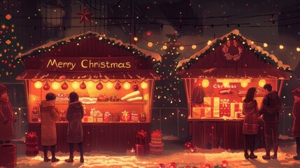 Naklejka premium Vibrant Christmas Market Scene with Holiday Stalls and Twinkling Lights