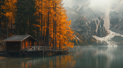 Fototapeta premium A cabin is on a dock by a lake