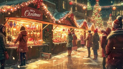 Vibrant Christmas Market Scene with Holiday Stalls and Twinkling Lights

