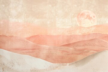 Fototapeta premium A painting of a mountain range with a large moon in the sky. The painting has a warm, earthy tone and a sense of tranquility.