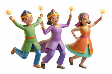 Fototapeta premium Vibrant Flat Vector Illustration of a Cultural Festival: Candid Moments of Dancing, Cooking, Rangoli Creation, and Sparkler Celebrations