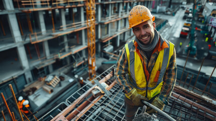 Naklejka premium A construction worker in a bright yellow hard hat and reflective vest, holding a hammer, smiling confidently at the camera on a construction site.