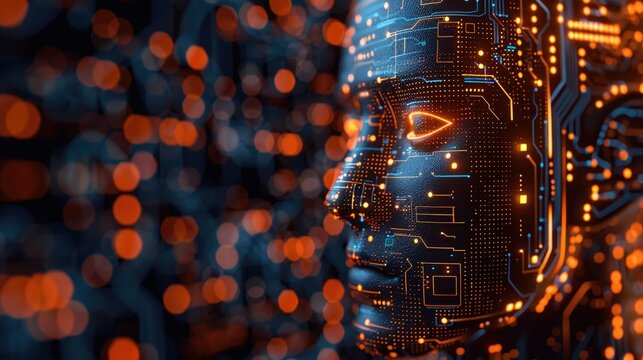 A futuristic digital face illuminated by glowing circuits against a network of technology at night. Generative AI