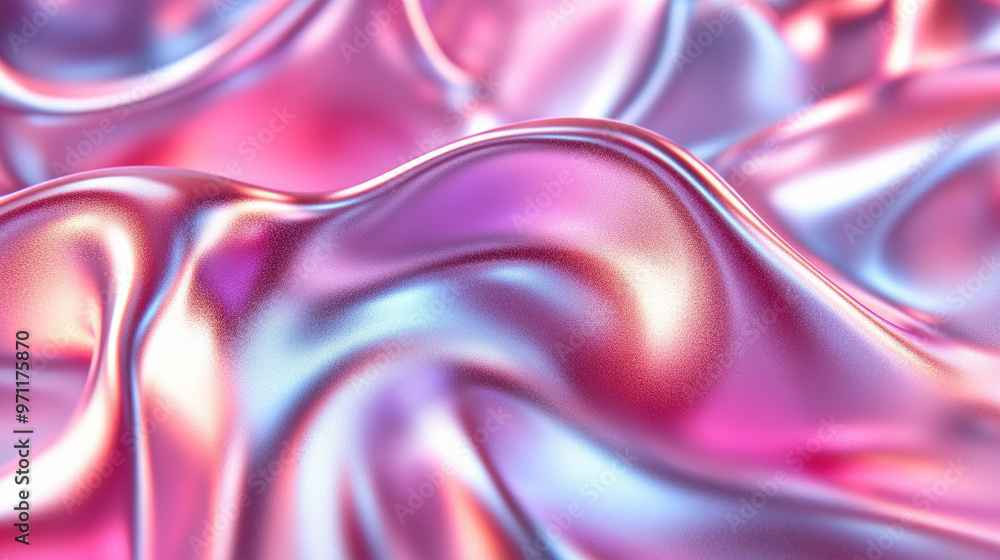 Poster abstract metallic fabric with iridescent pink and blue waves creating a vibrant and dynamic visual e