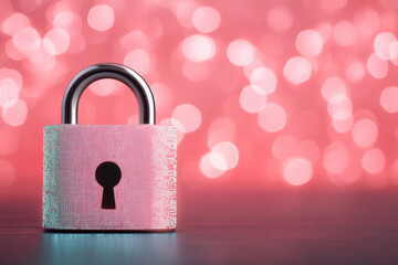 A pink padlock with a keyhole on a reflective surface, set against a backdrop of sparkling bokeh lights, symbolizing security and elegance.