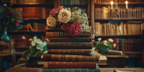 Fototapeta premium Stacked vintage books adorned with fresh flowers in a cozy library setting during the afternoon. Generative AI