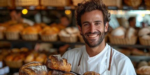 A baker in a white apron, holding a tray of freshly baked bread, standing in a bakery, smiling .