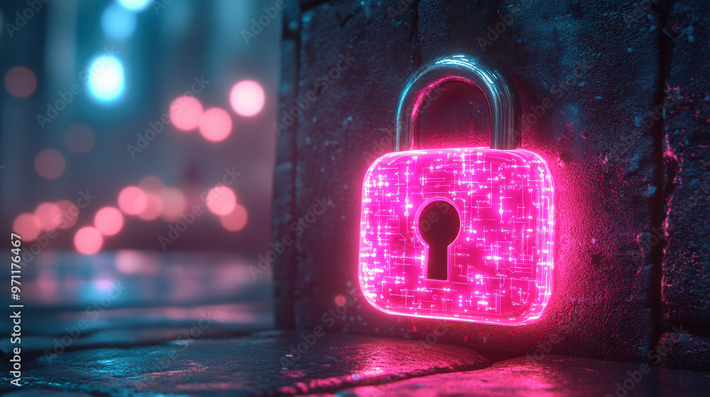 Poster close-up of a glowing pink padlock with a digital texture, symbolizing cybersecurity and data protec