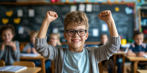 Happy Student Celebrating Success in Classroom with Raised Arms and Glasses