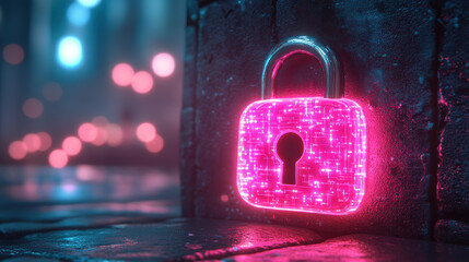 Close-up of a glowing pink padlock with a digital texture, symbolizing cybersecurity and data protection in a futuristic environment.