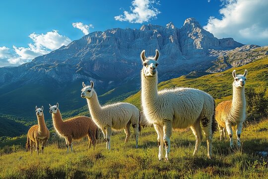 A group of llamas grazing together on a grassy hillside under a clear blue sky. Generative AI