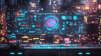 Obraz premium Futuristic control panel with a vibrant city backdrop, showcasing advanced technology.