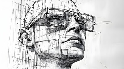 Futuristic Conceptual Portrait Sketch with Abstract Digital Wireframe and Grid Structure