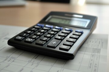 Black calculator lying on spreadsheet with numbers on wooden desk in the office, business concept