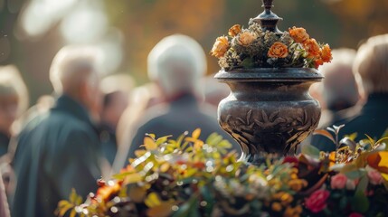 Fototapeta premium Floral display on an urn at a gathering in a park during autumn with blurred crowd in the background. Generative AI