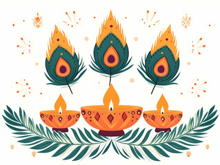 Fototapeta premium Elegant Flat Diwali Lanterns & Peacock Feathers Border Frame Design with Traditional Wording | Ample Copy Space for Festive Text & Imagery