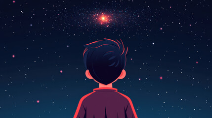 Fototapeta premium Illustration of a child staring at a distant starry sky, filled with curiosity and wonder under the serene night ambiance
