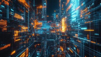 Fototapeta premium A futuristic digital landscape with glowing lines and data streams.