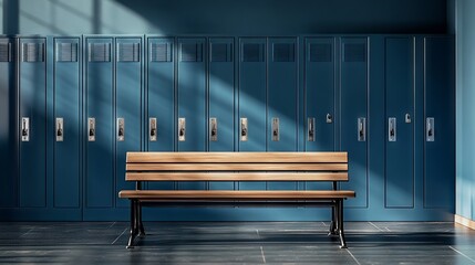Photorealistic Blue Metal School Lockers with Wooden Bench in Sports Hall. AI generated illustration