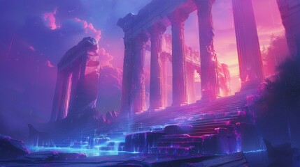 Ancient Ruins Neon Glow Fantasy Landscape