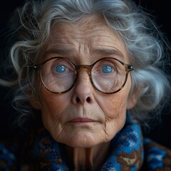A close-up portrait of an elderly woman with bright blue eyes and gray hair. She wears round glasses and a colorful scarf. This image captures wisdom and beauty. AI