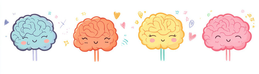 Colorful cartoon brains with cute faces and happy expressions, featuring various decorations and icons, perfect for educational and creative projects.