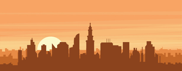 Obraz premium Brown panoramic poster of the city skyline with misty background buildings, sunrise, clouds and mountains of MIAMI, UNITED STATES