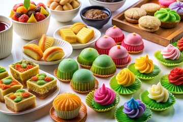 Vibrant, colorful assortment of kuih, including cupcakes, cookies, and dumplings, arranged artfully on a white background, showcasing their diverse shapes and colors.
