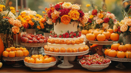 A beautiful autumn wedding display featuring a decorated cake adorned with fresh flowers, pumpkins, and fruits, creating a festive and colorful atmosphere