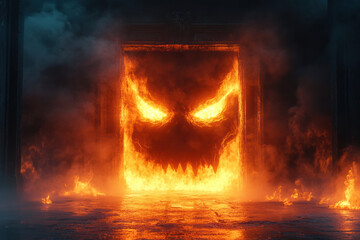 Fototapeta premium Fierce fiery face with glowing eyes and jagged mouth emerging from a burning doorway in a dark, smoky environment. Intense horror and Halloween theme.
