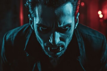 Obraz premium Intense Male Vampire Portrait with Fangs in Dramatic Lighting - Perfect for Halloween Horror Film Promotion and Themed Events