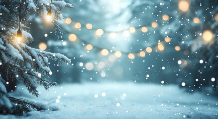 A blurred background of an empty snowy winter scene with hanging lights and snowflakes