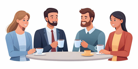 Flat Candid Group Savings Plan Concept: Friends & Colleagues Discussing Collective Financial Planning Over Coffee in a Simple Vector Illustration