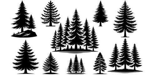 Fototapeta premium Pine Tree SVG, Forest Tree SVG, Mountain Forest SVG, Plant SVG, Sunset SVG, Nature SVG, Leaves SVG, Pine Trees Set, Bundle, Pine Tree Silhouette, Forest belt SVG, Tree Design, Cut file for Cricut PNG