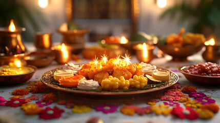 Fototapeta premium 3D Glossy Festival Feast Background with Sparkler Accents and Rangoli Designs for Inviting Visuals and Rich Textures on Isolated White Background