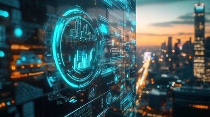 Obraz premium Futuristic cityscape with digital data overlay and analytics visualization.