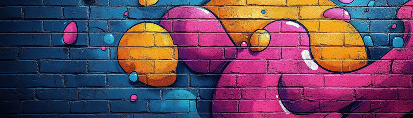 Vibrant urban graffiti on a brick wall featuring colorful abstract patterns and designs in pink, orange, and blue.