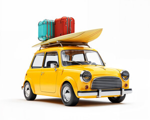 3D Render of a Yellow Car with Luggage, Surfboard, and Suitcases on the Roof, ready for the travel, isolated on White Background