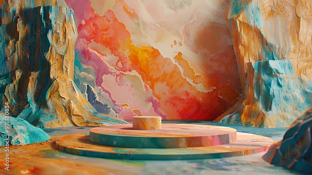 Poster ai generative 3d podium with an art-themed background, featuring a blend of different painting style