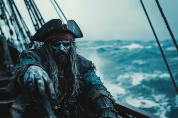 Dramatic Pirate Character on Stormy Sea - Adventure Fantasy Illustration for Halloween Media and...