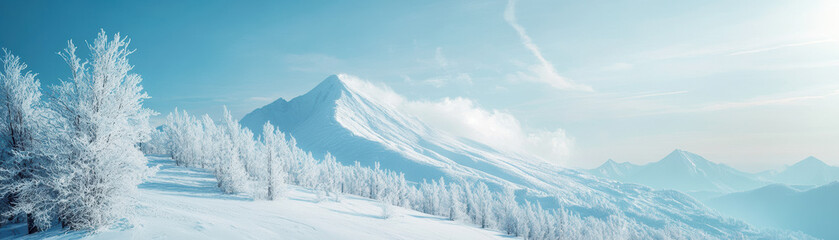 Breathtaking winter landscape featuring snow-covered trees and majestic mountains under a clear blue sky, perfect for serene nature backgrounds.