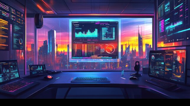 A futuristic workspace with multiple screens displaying data and a vibrant city skyline outside.