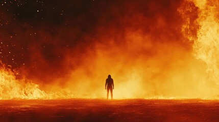 Fototapeta premium A silhouetted figure stands against a backdrop of flames, embodying strength amid chaos in a fiery landscape.