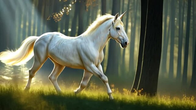 White Unicorn Galloping Through Enchanted Forest: A majestic white unicorn with a flowing mane and tail gallops through an ethereal forest, bathed in the golden light of dawn. The unicorn's presence e