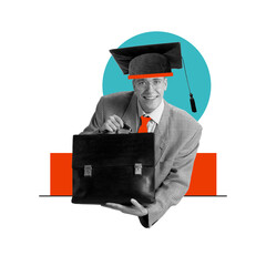 Man in graduation cap holding briefcase. Combination of education and practical experience in...