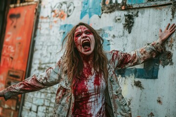 Naklejka premium Intense Horror Scene: Bloodied Woman Screaming in Urban Setting - Perfect for Halloween Film and Event Promotion