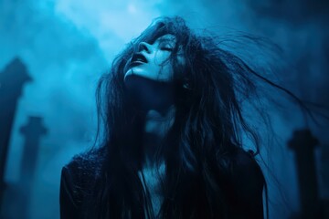 Fototapeta premium Emotive Blue Portrait of a Young Woman in a Mystical Atmosphere - Dramatic Fashion Photography for Halloween, Music, and Art