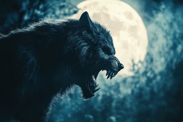 Fierce Werewolf Howling Under Full Moon in Dark Forest - Horror Fantasy Creature for Media and Merchandise - Halloween