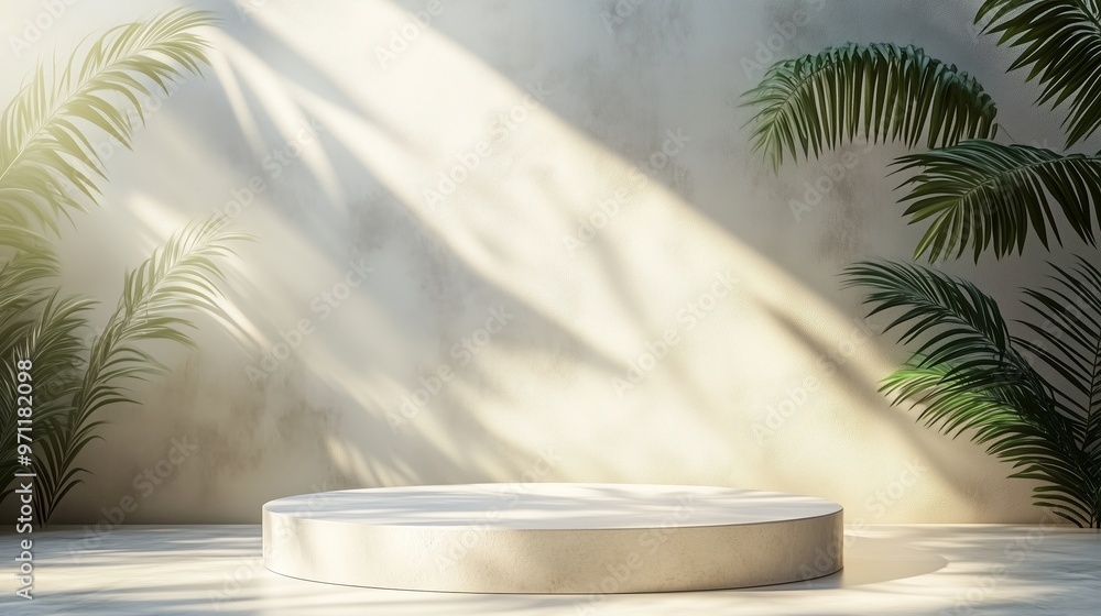 Poster 3d render of an abstract background with a white stone podium platform and a shadow on a concrete wa